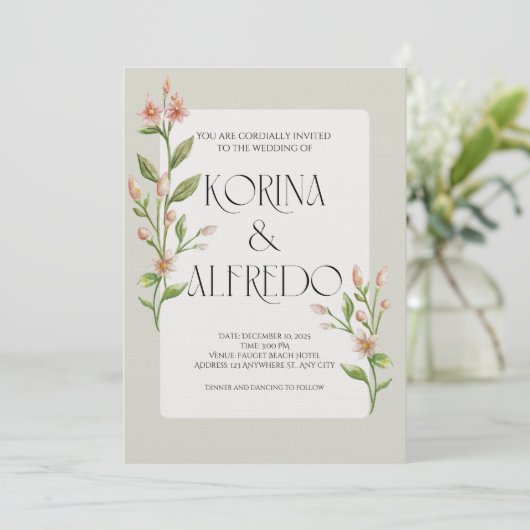 Green Boho Watercolor Botanical Wedding Invitation 招待状 (スタンド正面)