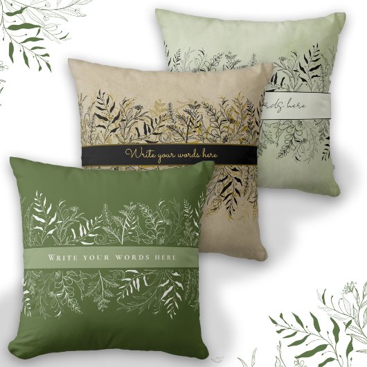 Green Botanical Leaf Frame Custom Text クッション