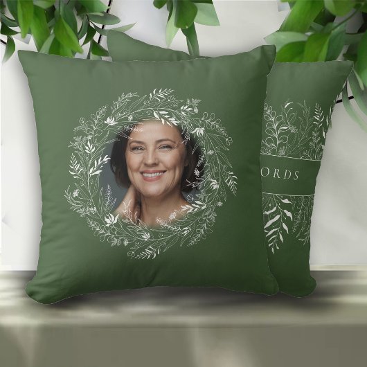 Green Botanical Leaf Frame Custom Text クッション