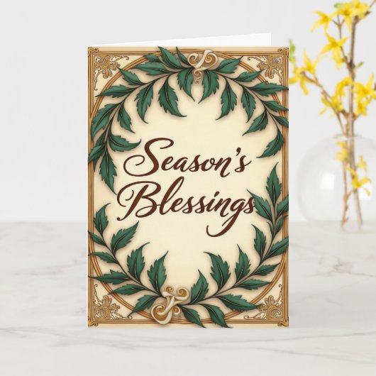 Green Botanical Seasons Blessings Christmas  カード (黄色い花)