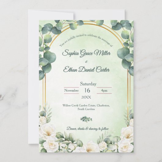 Green Botanical Wedding Invitation with Eucalyptus 招待状 (正面)