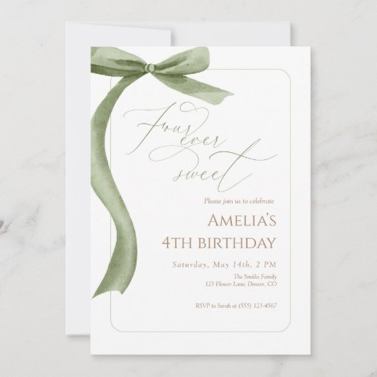 Green Bow 4th Birthday Invitation Four Ever Sweet 招待状 (正面)