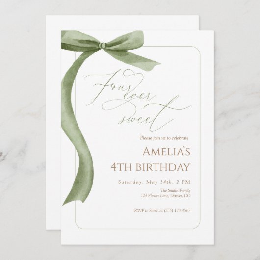Green Bow 4th Birthday Invitation Four Ever Sweet 招待状 (正面/裏面)