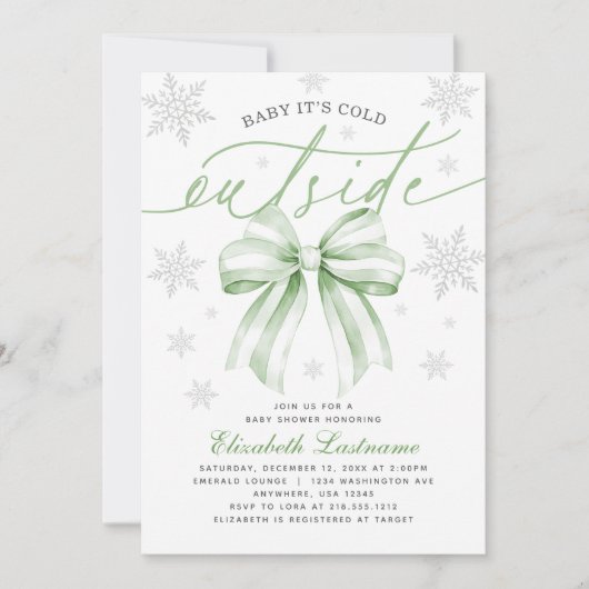 Green Bow Baby Its Cold Outside Winter Baby Shower 招待状 (正面)