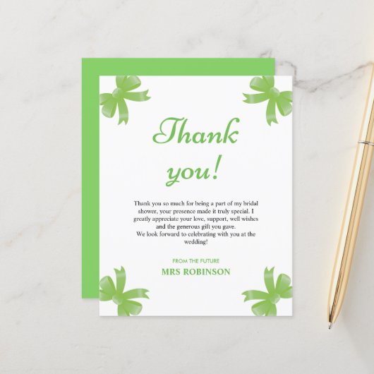 Green Bow Bridal Shower Thank You Card (正面/裏面インサイチュ)