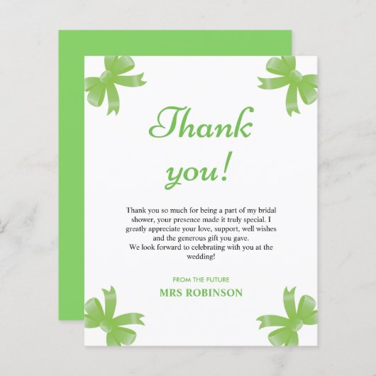 Green Bow Bridal Shower Thank You Card (正面/裏面)