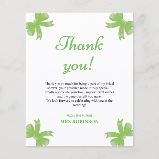 Green Bow Bridal Shower Thank You Card (正面)