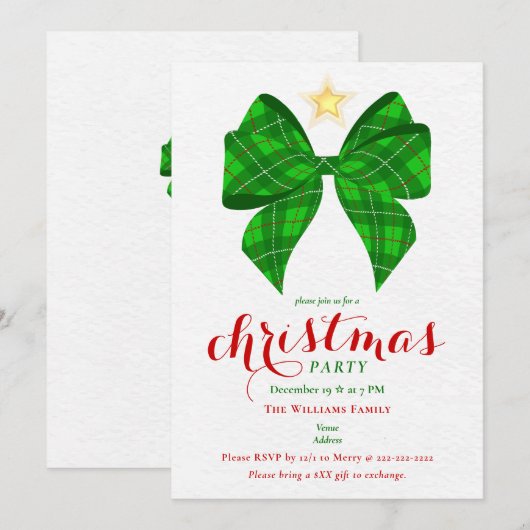 Green Bow Christmas Friendsmas Xmas Work Cocktail 招待状 (正面/裏面)