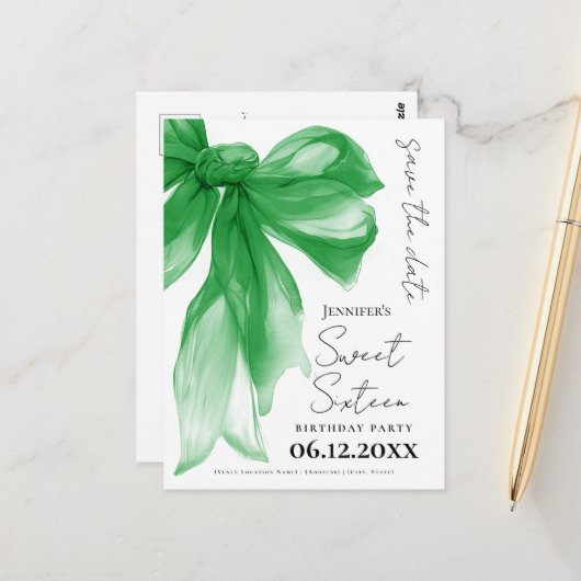 Green Bow Coquette Sweet 16 Save the Date  ポストカード (正面/裏面インサイチュ)