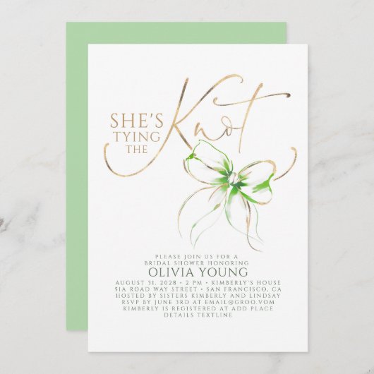 Green Bow Elegant Modern Minimalist Bridal Shower 招待状 (正面/裏面)