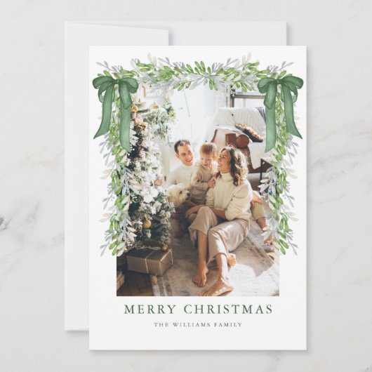 Green Bow Garland Christmas Photo Holiday Card シーズンカード (正面)