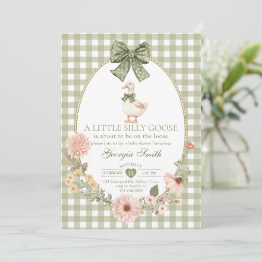 Green Bow Gingham Silly Goose Baby Shower 招待状 (スタンド正面)