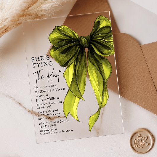 Green Bow She's Tying The Knot Bridal Shower アクリル招待状