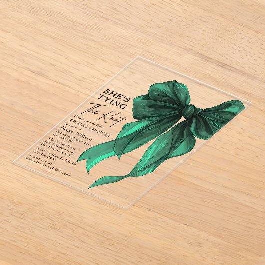 Green Bow She's Tying The Knot Bridal Shower アクリル招待状 (レイダウン)