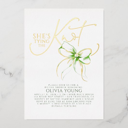 Green Bow She's Tying The Knot Bridal Shower 箔招待状 (正面)