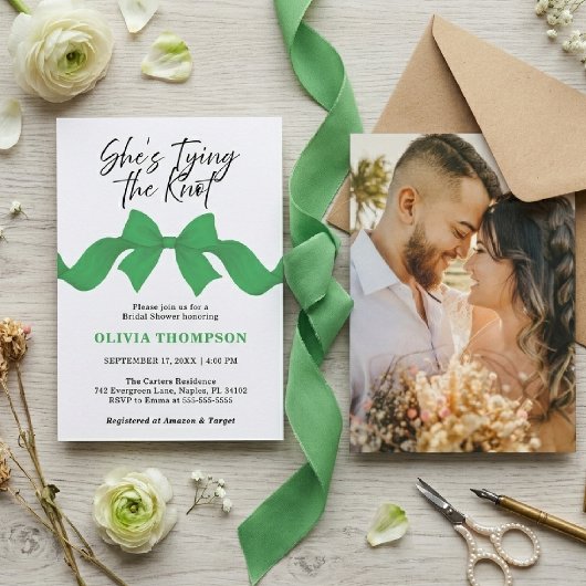 Green Bow She's Tying the Knot Photo Bridal Shower 招待状
