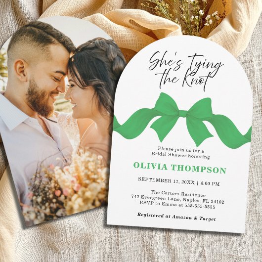 Green Bow She's Tying the Knot Photo Bridal Shower 招待状