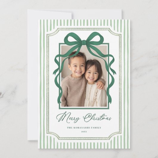 Green Bow Stripe Christmas Photo シーズンカード (正面)