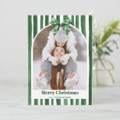 Green Bow Stripe Plaid Christmas Photo Year Review シーズンカード (スタンド正面)