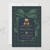 Green Bow Teddy Bear Polo Plaid Baby Shower 招待状 (正面)