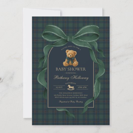 Green Bow Teddy Bear Polo Plaid Baby Shower 招待状 (正面)