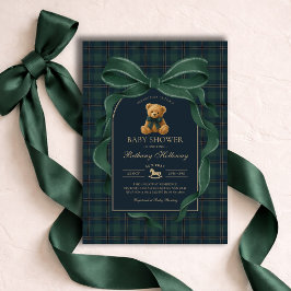 Green Bow Teddy Bear Polo Plaid Baby Shower 招待状