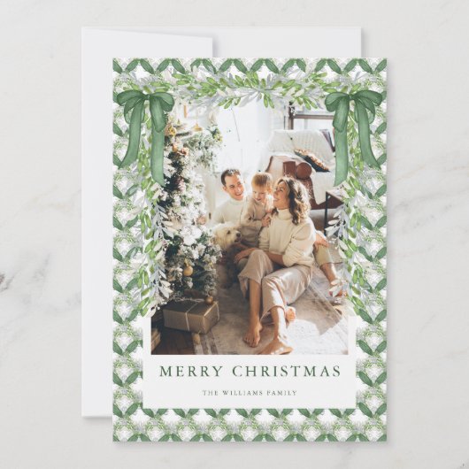 Green Bow Vintage Christmas Photo Holiday Card シーズンカード (正面)