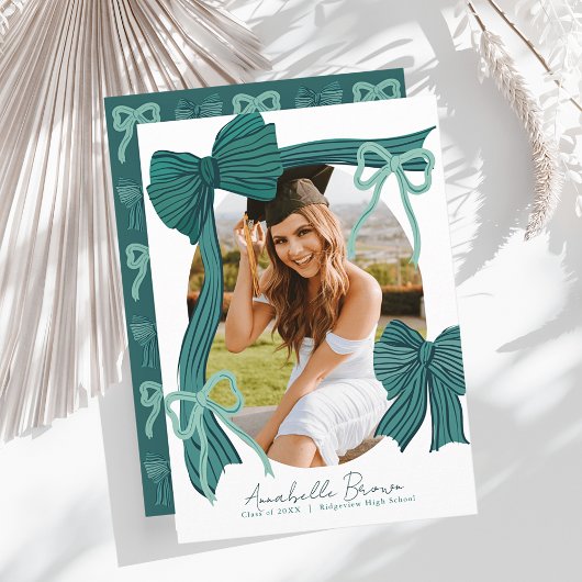 Green Bows Photo Graduation Announcement 招待状