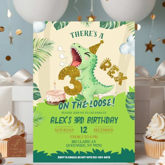 Green Boy Dinosaur Theme 3-Rex Third Birthday 招待状