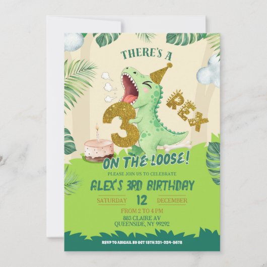 Green Boy Dinosaur Theme 3-Rex Third Birthday 招待状 (正面)