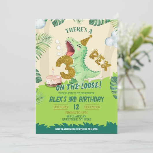 Green Boy Dinosaur Theme 3-Rex Third Birthday 招待状 (スタンド正面)
