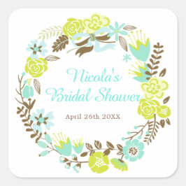 Green & Brown Floral Wreath Bridal Shower スクエアシール