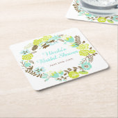 Green & Brown Floral Wreath Bridal Shower スクエアペーパーコースター (アングル)