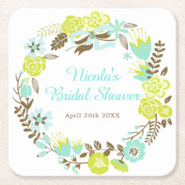 Green & Brown Floral Wreath Bridal Shower スクエアペーパーコースター