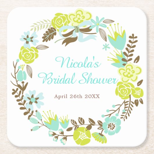 Green & Brown Floral Wreath Bridal Shower スクエアペーパーコースター (正面)