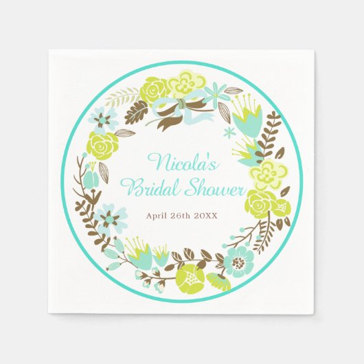 Green & Brown Floral Wreath Bridal Shower スタンダードカクテルナプキン (正面)
