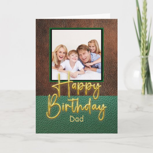 Green & Brown leather Gold Script Dad Birthday カード (正面)