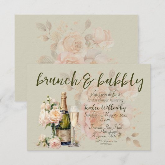 Green Brunch & Bubbly Wedding Shower 招待状 (正面/裏面)