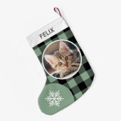 Green Buffalo Plaid Custom Pet Cat Photo スモールクリスマスストッキング (裏面 (吊り時))