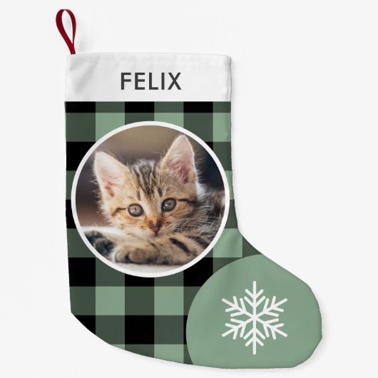 Green Buffalo Plaid Custom Pet Cat Photo スモールクリスマスストッキング (正面)