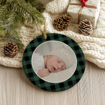GREEN BUFFALO PLAID NAME Photo Christmas Keepsake