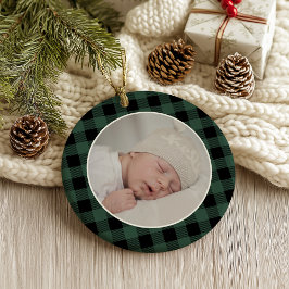 GREEN BUFFALO PLAID NAME Photo Christmas Keepsake オーナメント