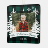 Green Buffalo Plaid Rustic Pine Trees Family Photo セラミックオーナメント (左)