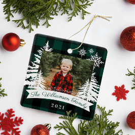 Green Buffalo Plaid Rustic Pine Trees Family Photo セラミックオーナメント