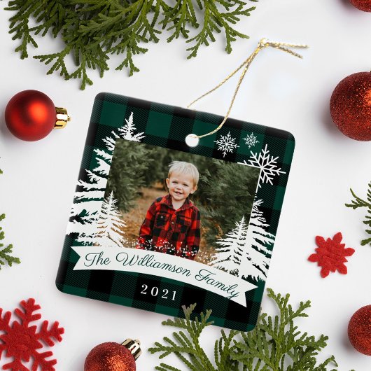 Green Buffalo Plaid Rustic Pine Trees Family Photo セラミックオーナメント