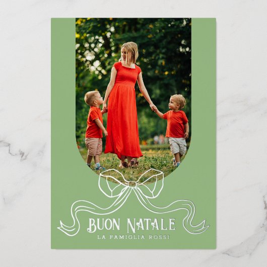 Green Buon Natale Simple Modern Coquette Bow Photo 箔シーズンカード (正面)