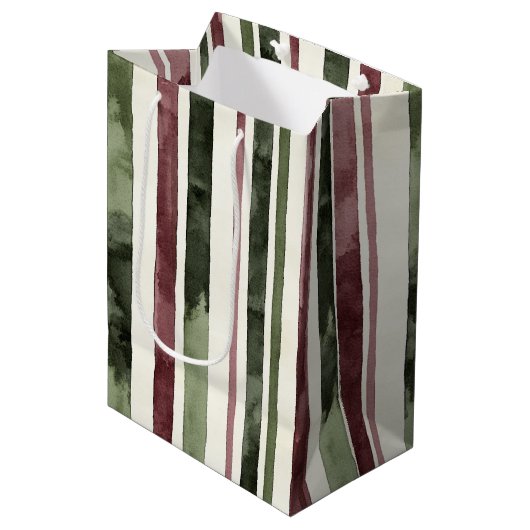 Green Burgundy Stripes Christmas ミディアムペーパーバッグ (正面アングル)