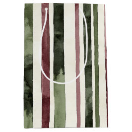 Green Burgundy Stripes Christmas ミディアムペーパーバッグ