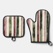 Green Burgundy Stripes Christmas 鍋つかみ&鍋敷きセット (正面)