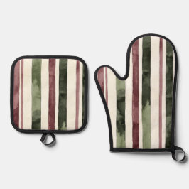Green Burgundy Stripes Christmas 鍋つかみ&鍋敷きセット